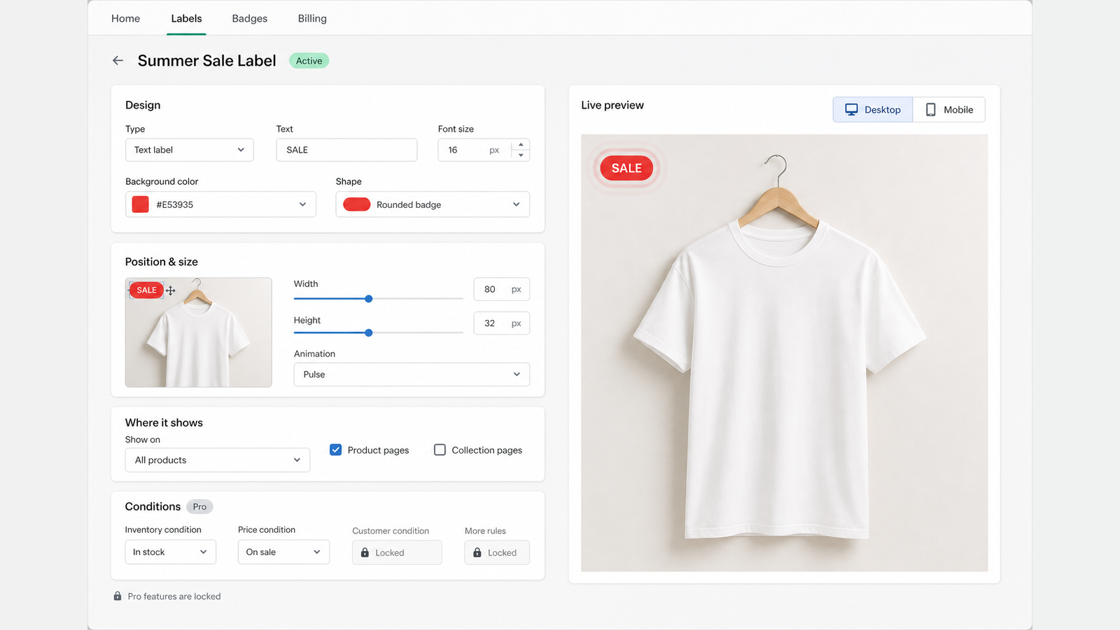 Label editor — design panel, live product preview with drag positioning, and animation controls