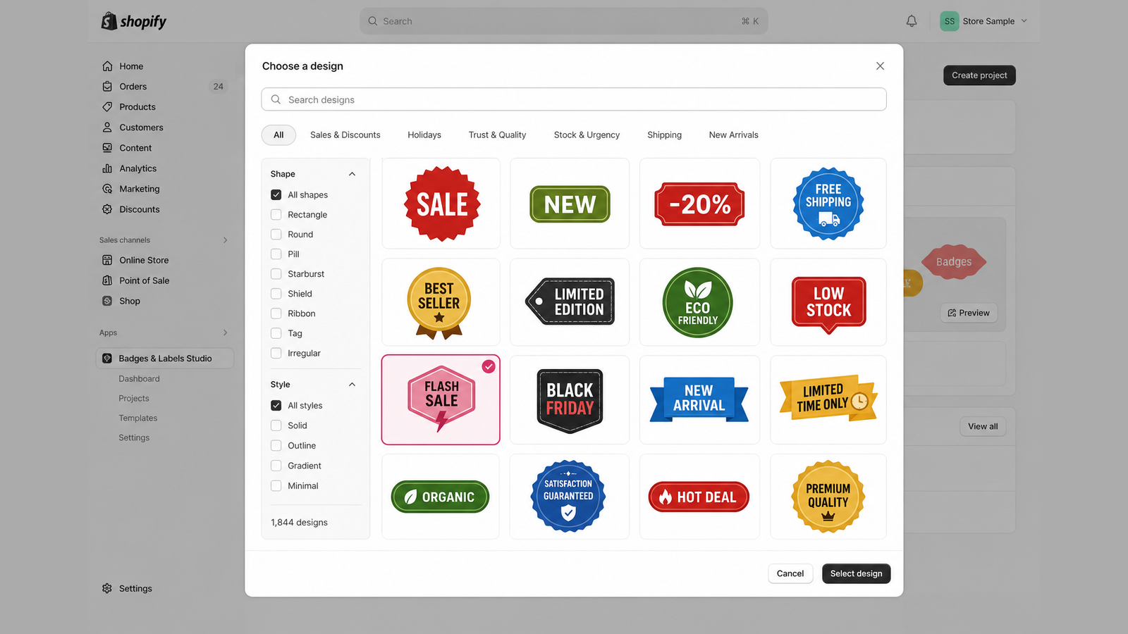 Design library — 1,862 preset SVG labels across nine categories with search