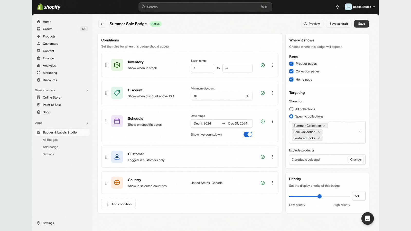 Rules panel — inventory, price, discount, schedule, and product targeting conditions