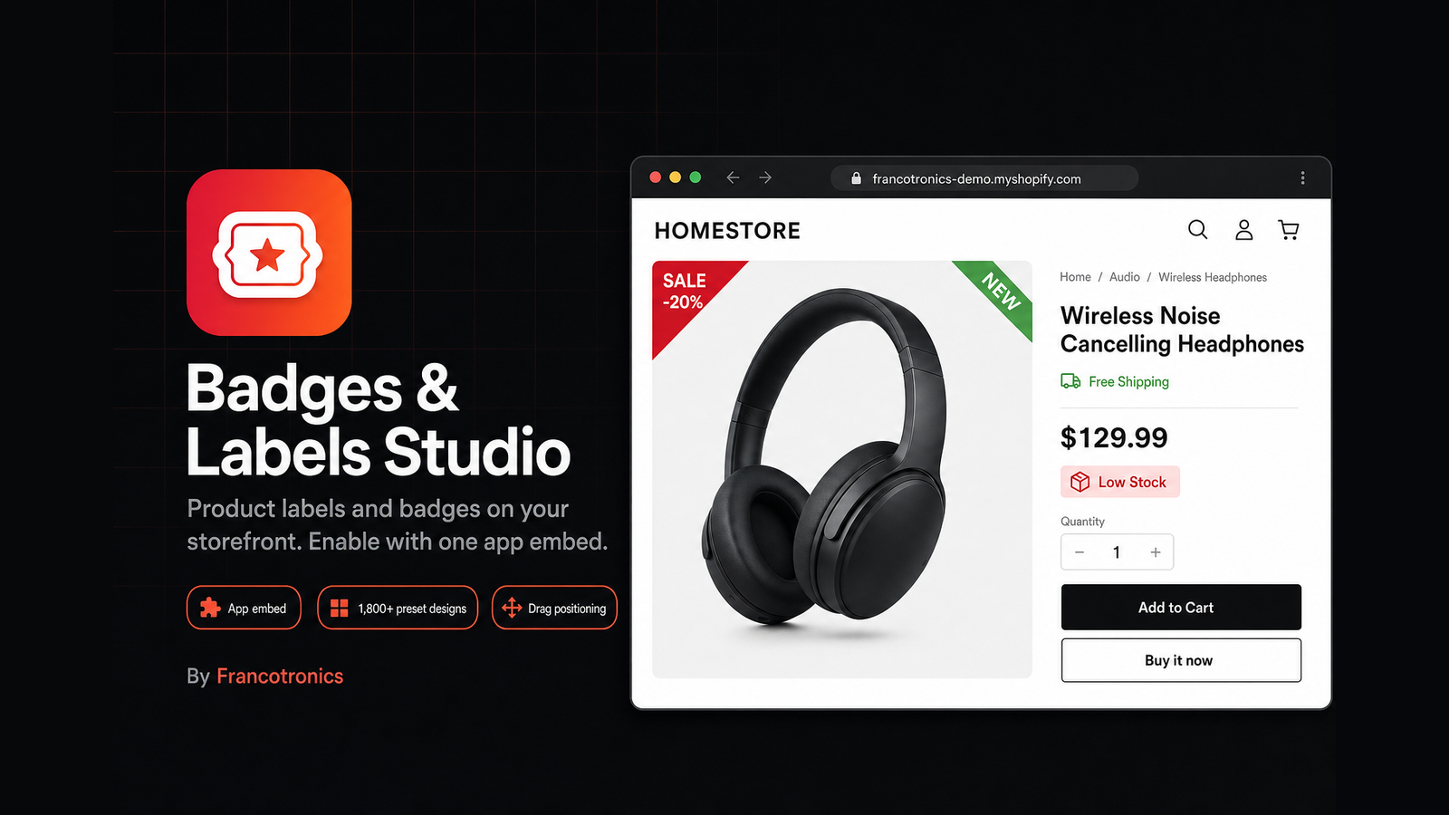 Badges & Labels Studio — dark branded hero with app icon, feature pills, and storefront sale badges on product cards