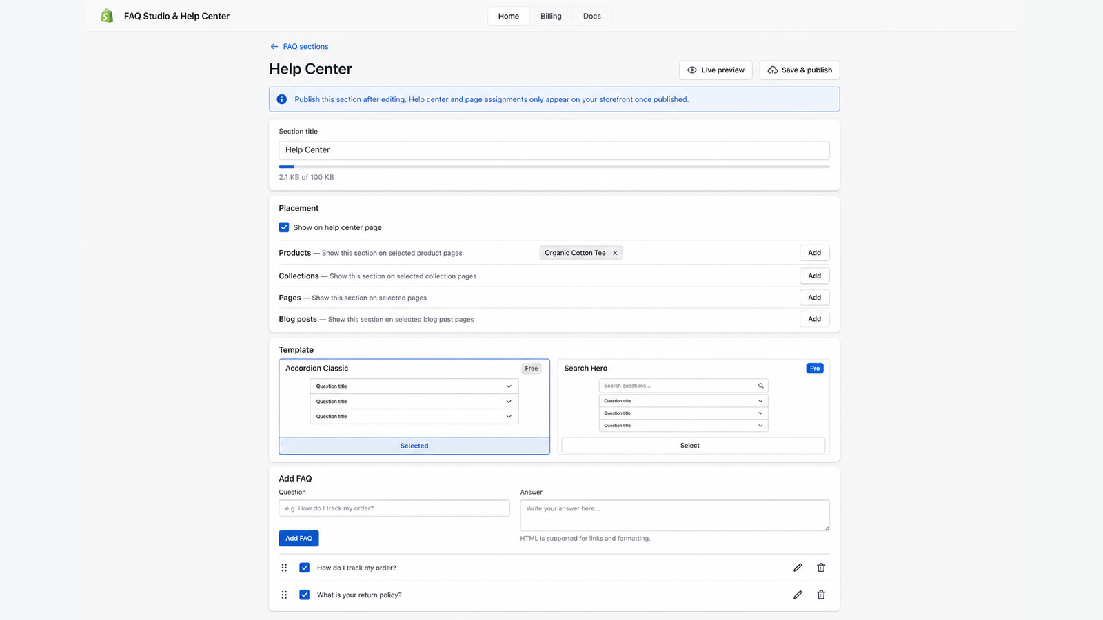 FAQ Studio editor — section title, placement panel, template picker, and FAQ list