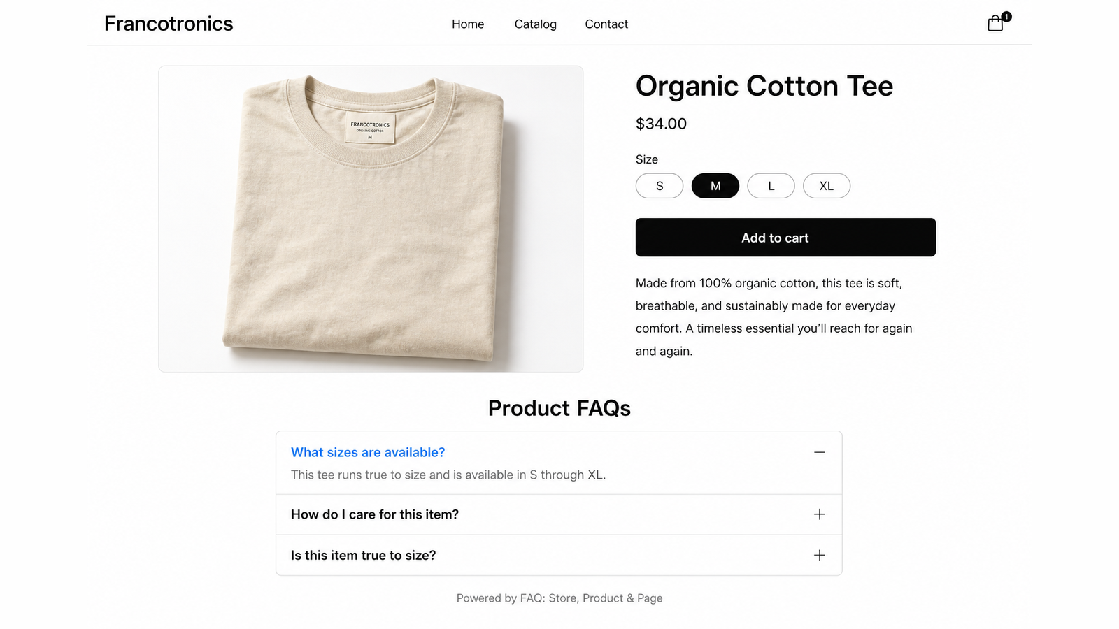 Shopify product page with a Product FAQs accordion section below the product details
