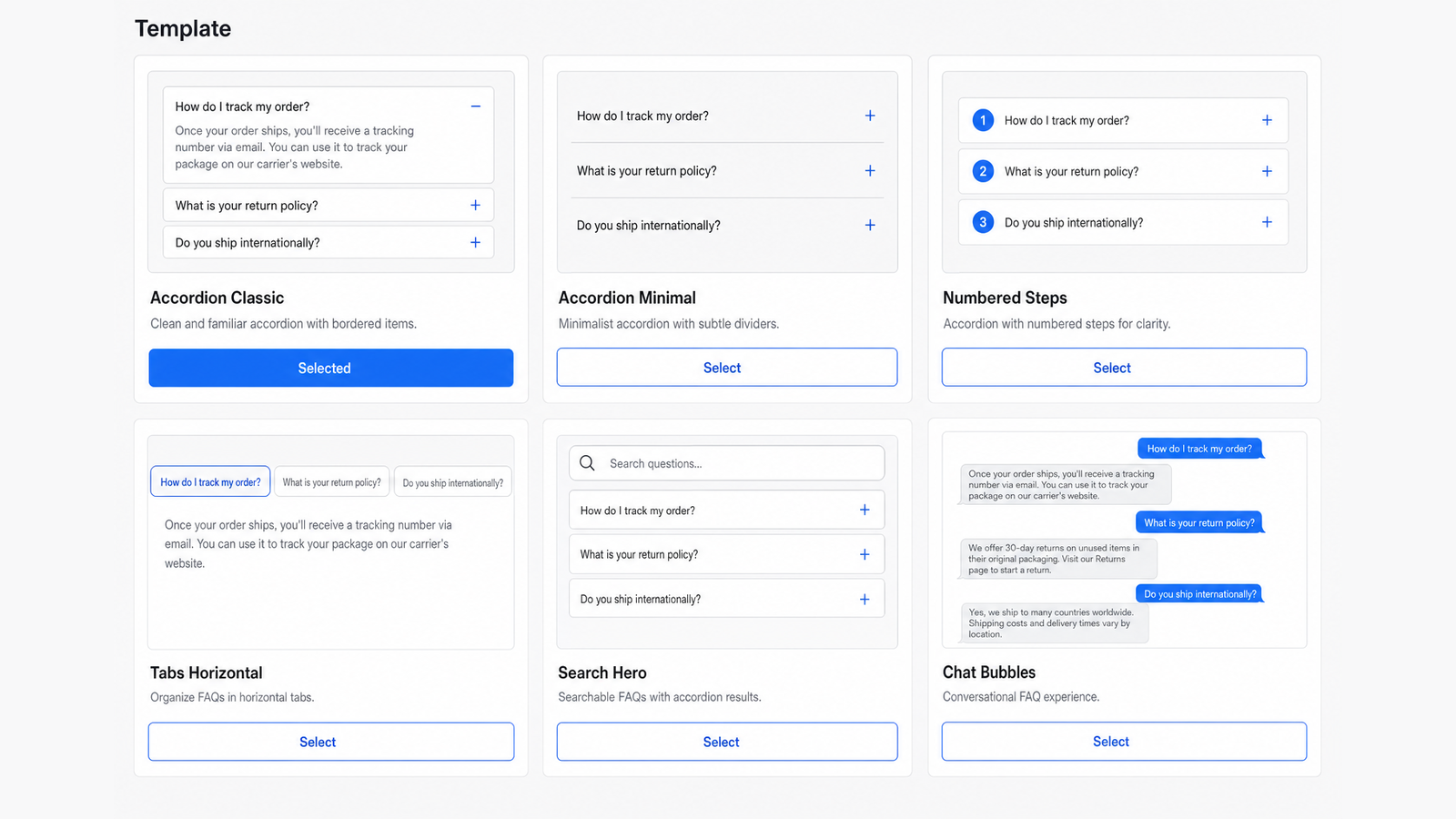 FAQ Studio template picker — Accordion Classic, Minimal, Numbered Steps, Tabs, Search Hero, and Chat Bubbles previews