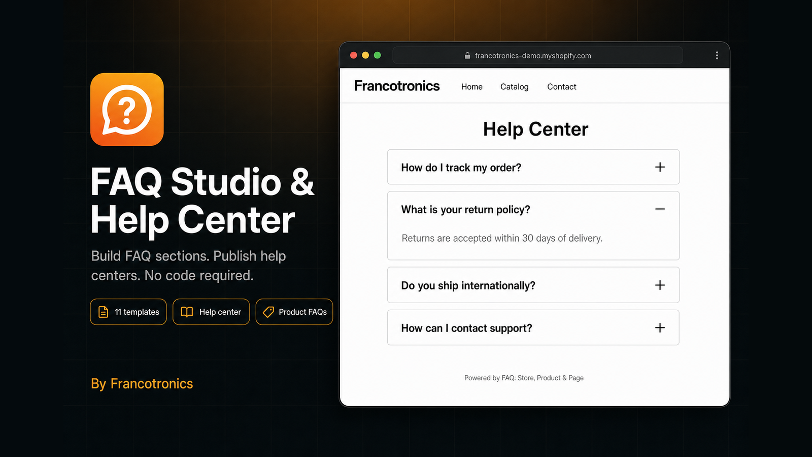 FAQ Studio & Help Center — help center page with accordion FAQ cards on a Shopify storefront