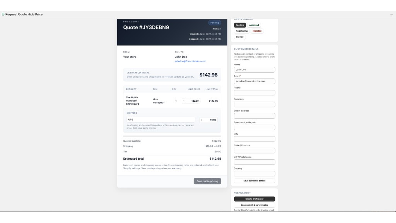 Quote detail view with line items and draft order creation