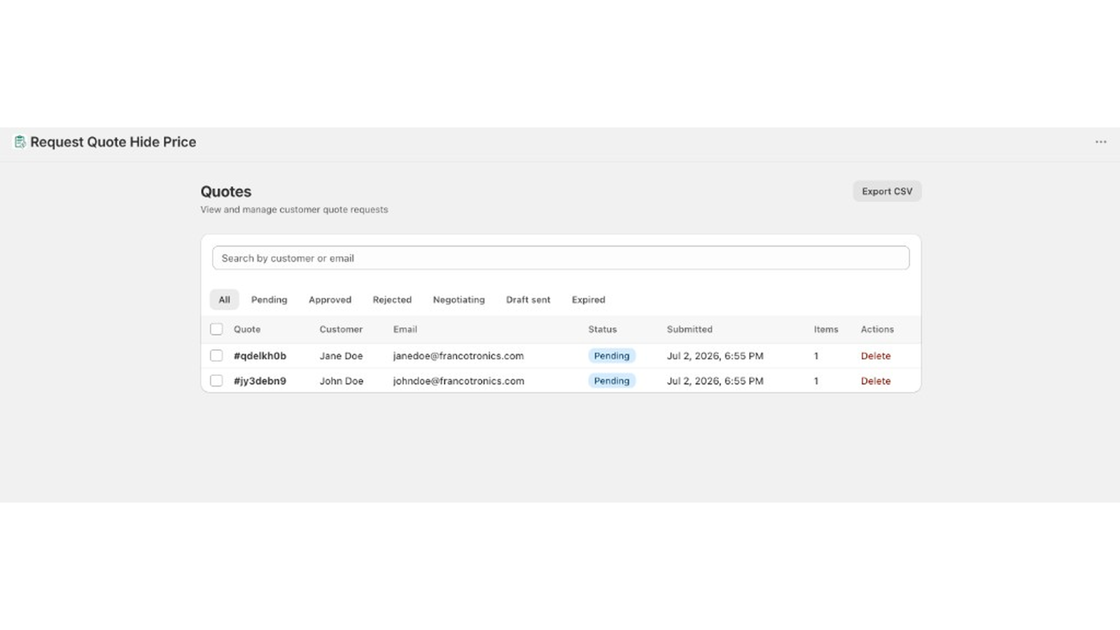 Quote request dashboard with status workflow in Shopify admin