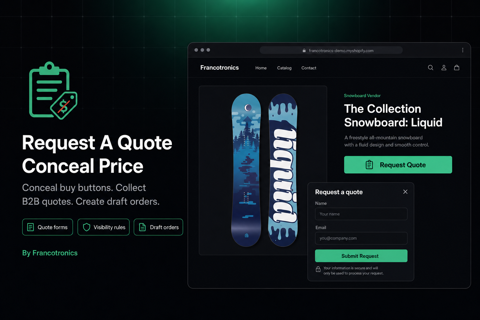 Request A Quote Conceal Price on a product page — quote button opens a request form modal