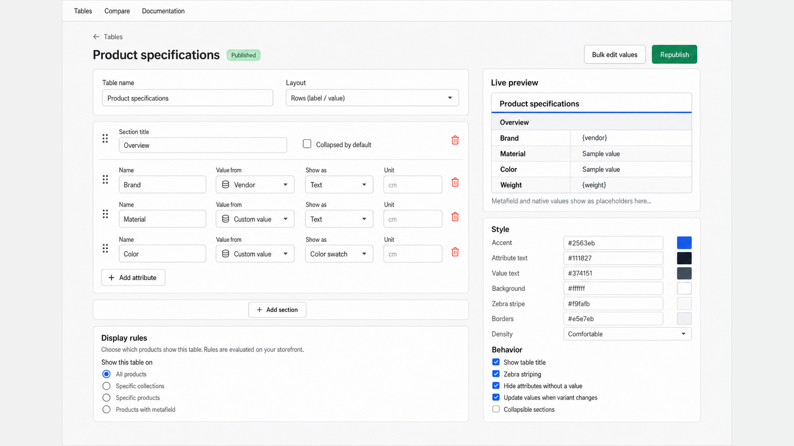 Table editor — Name, Value from, Show as, and Unit fields; Live preview and Style panel with color pickers