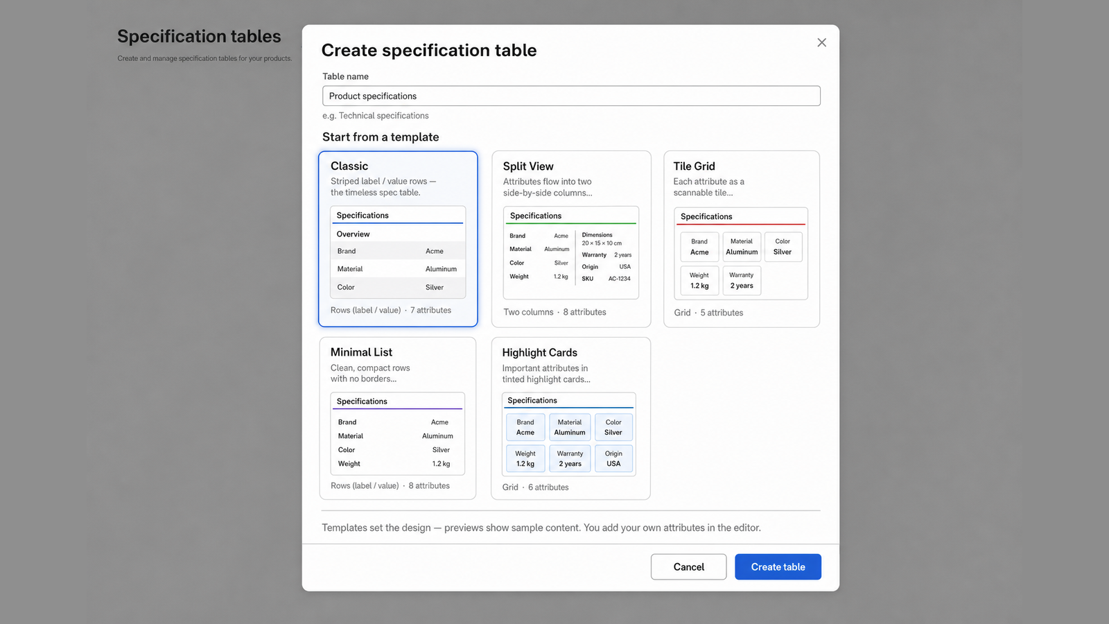 Create specification table modal — Classic, Split View, Tile Grid, Minimal List, Highlight Cards template cards