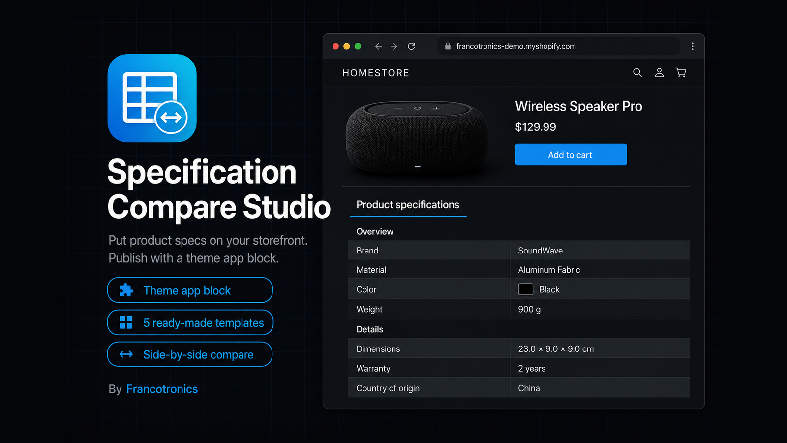 Specification Compare Studio — dark branded hero with app icon, feature pills, and storefront spec table in browser mockup