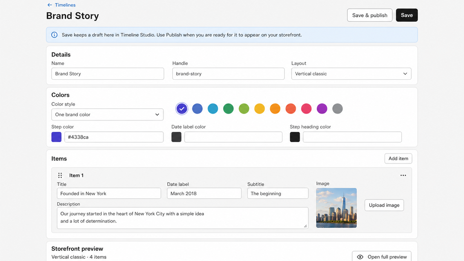 Timeline Studio editor — Details, Colors, Items cards with Save and Save & publish actions