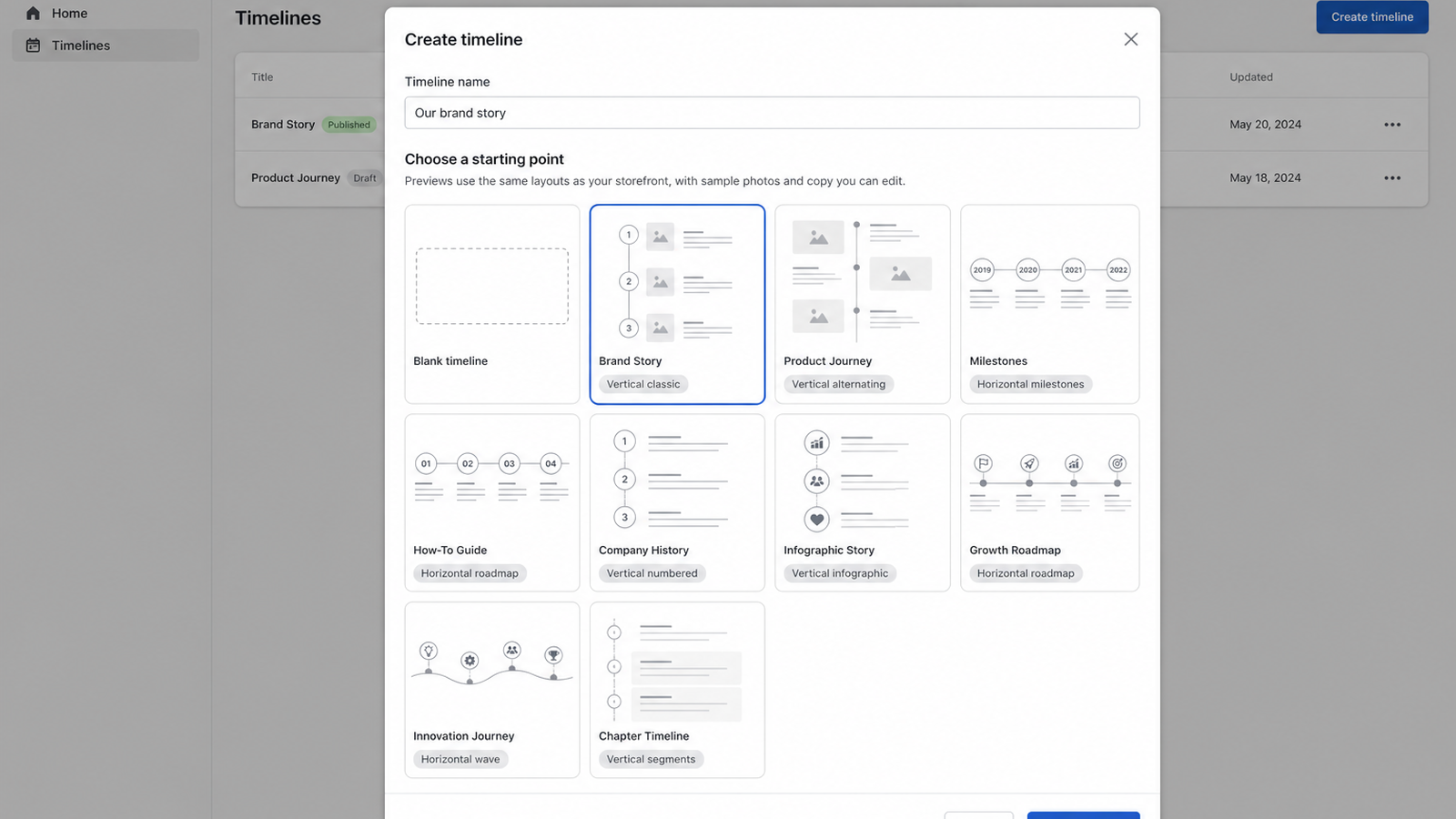 Create timeline modal with template picker cards and live layout previews