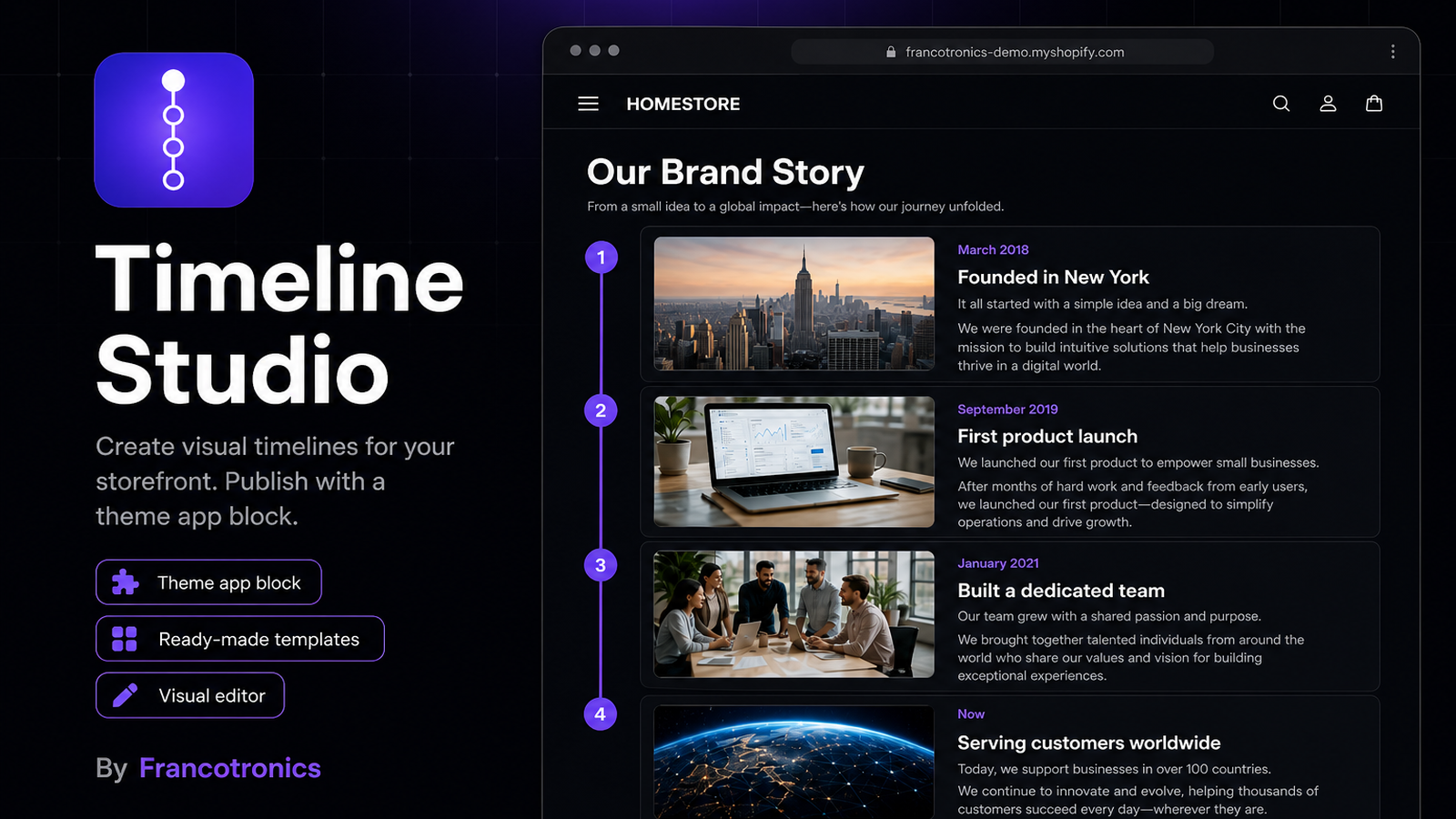 Timeline Studio — create visual timelines for your storefront with a theme app block